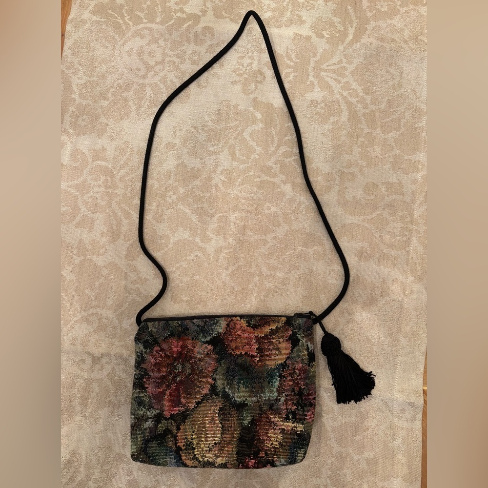 Floral Tapestry Small Bag with Tassel - Black Strap